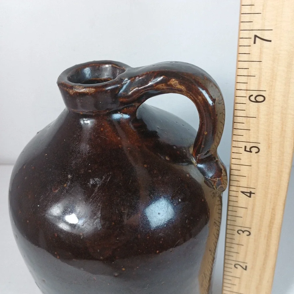 Antique Brown Stoneware Pottery Glazed Whiskey Milk Beehive Jug W/Handle 6.5x5